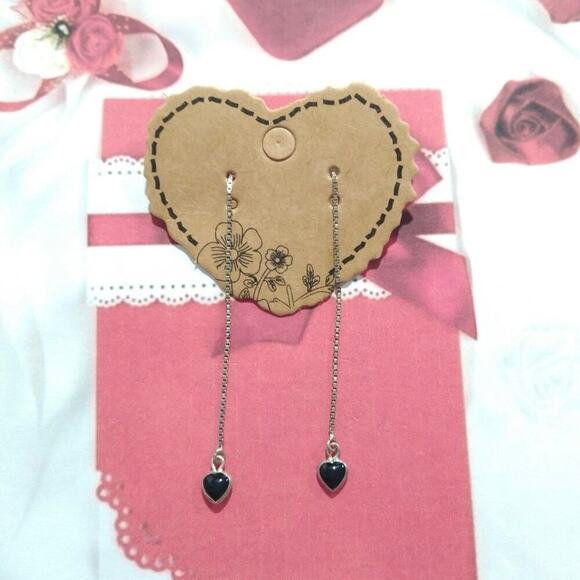 Unbranded Jewelry - 925 Sterling Silver Threader Earrings Black Onyx Dainty Hearts